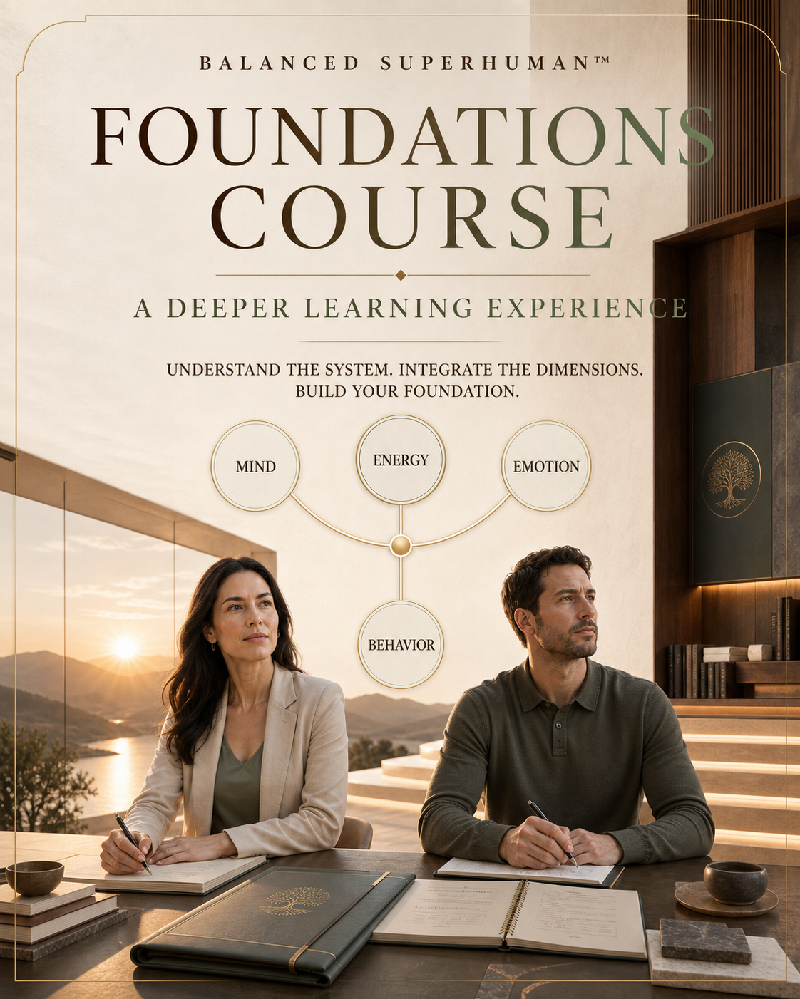 Balanced Superhuman Foundations Course cover showing two adults in a guided learning environment and the connected Mind, Energy, Emotion, and Behavior system