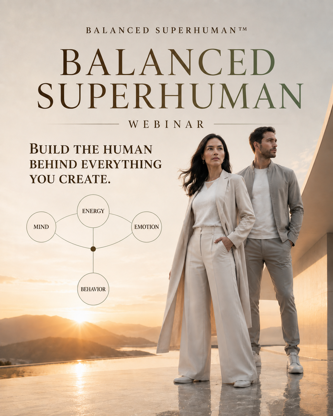 Balanced Superhuman webinar cover featuring two grounded adults and the connected Mind, Energy, Emotion, and Behavior system